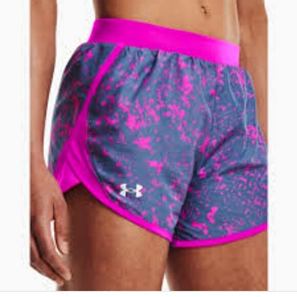 UNDER ARMOR Fly-By Printed Shorts, Sz S, Inseam 3", Loose, Purple/Pink - Picture 1 of 12